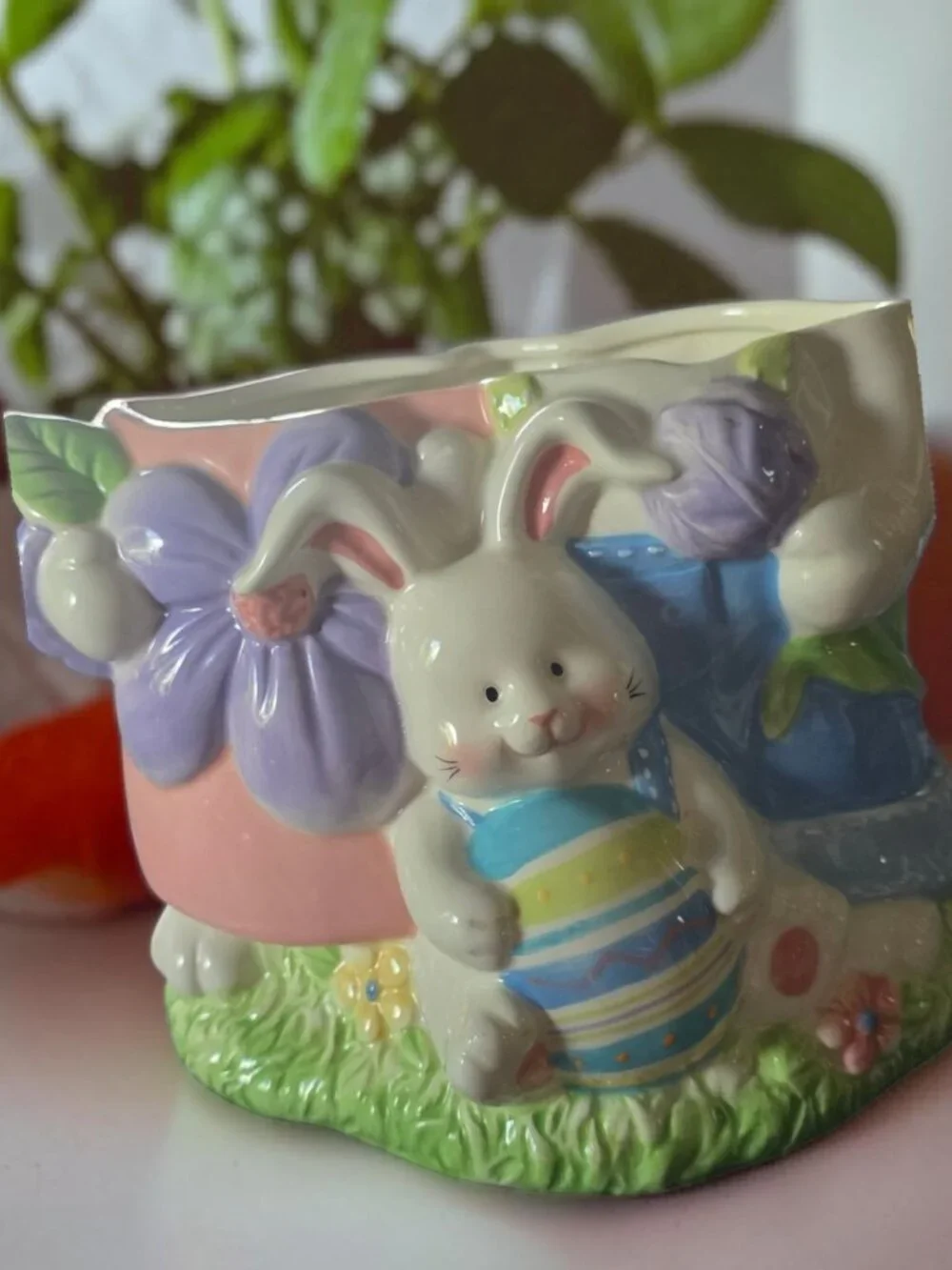 EUC BUNNY RABBIT FAMILY Ceramic Easter Cookie Jar Blossoms & Blooms
